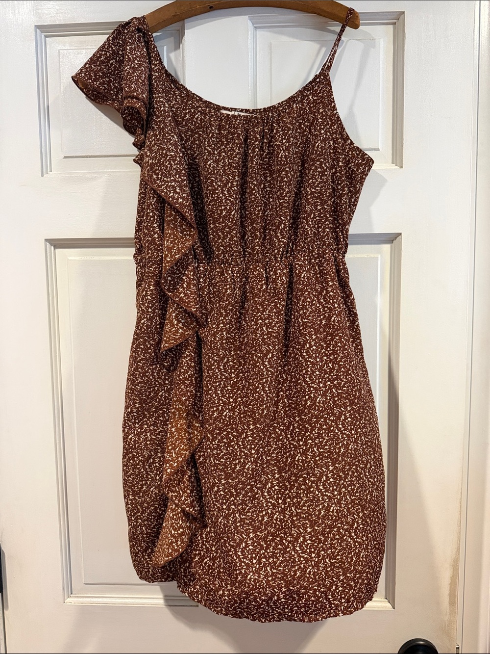Ya Los Angeles Brand One-Shoulder Brown Ruffle Summer Dress